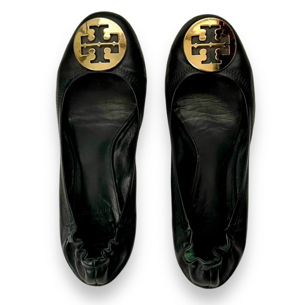 Tory Burch Reva Black Leather Ballet Flats Gold Logo Size 7.5